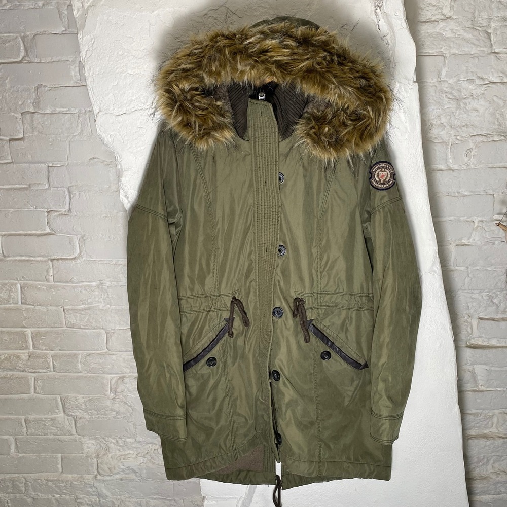 Abercrombie & Fitch Olive Green‎ Sherpa Lined Parka Faux Fur Hood Coat Womens L
